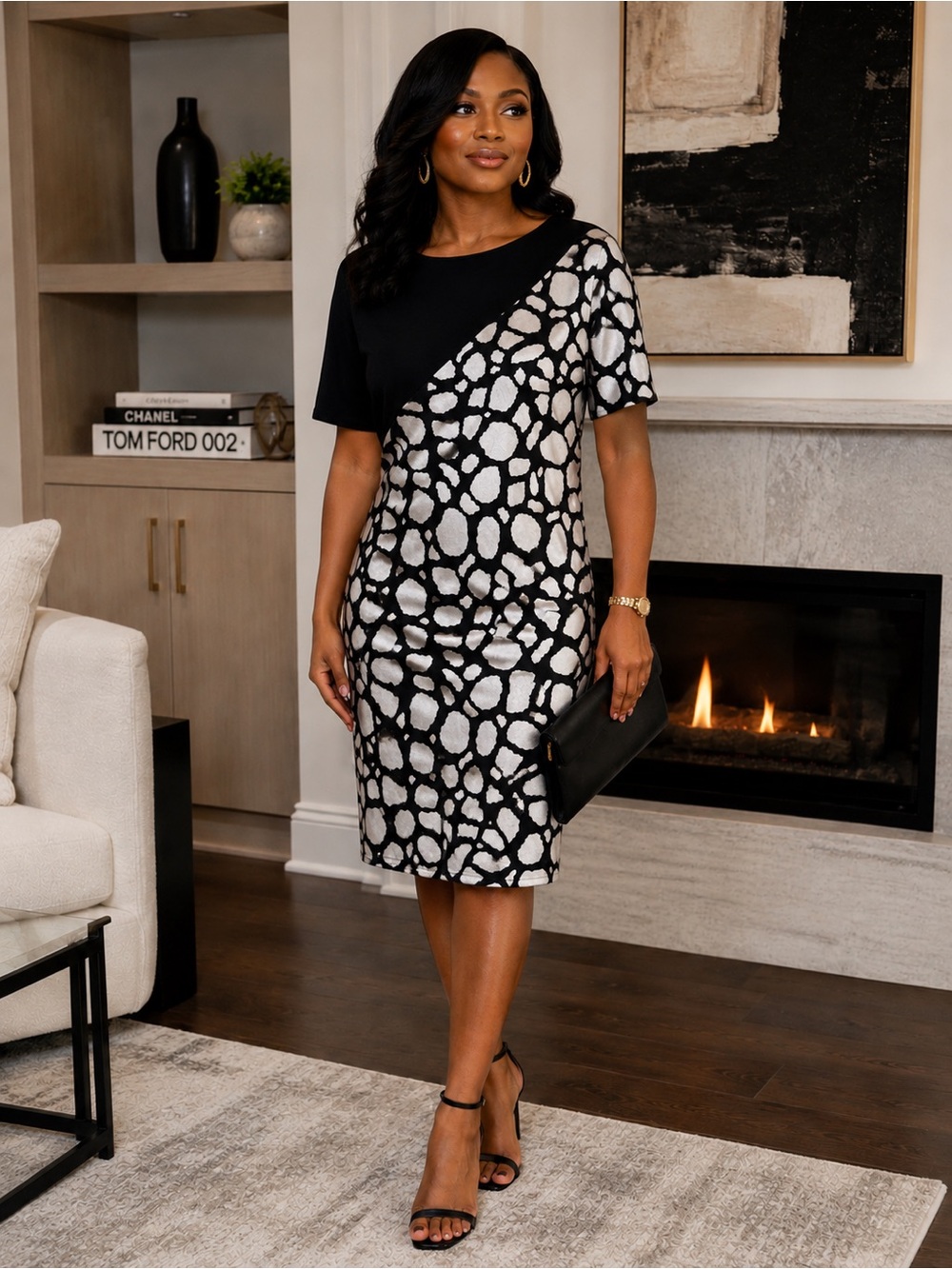 Adrienne Vittadini Black and White Midi Dress